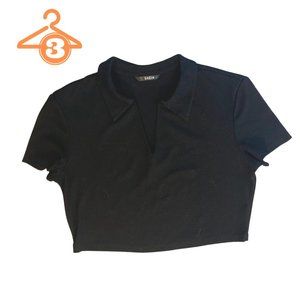 Cropped Collared Top, Black, Size Medium